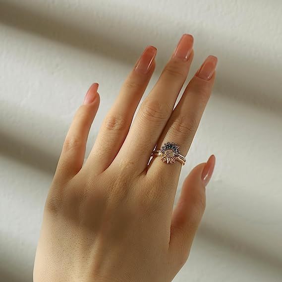 Simple and Shiny Sun Moon Blue Diamond Layered Celestial Couple Ring Set