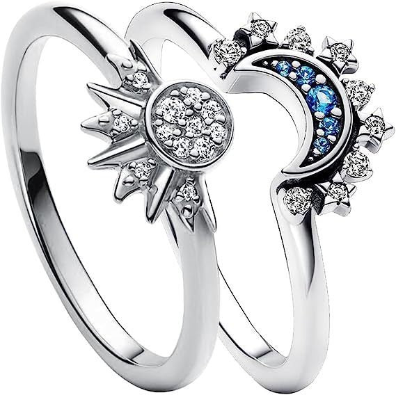 Simple and Shiny Sun Moon Blue Diamond Layered Celestial Couple Ring Set